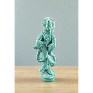 Vintage Turquoise Glazed Ceramic Figurine of Guanyin Buddist Goddess 11 Inches
